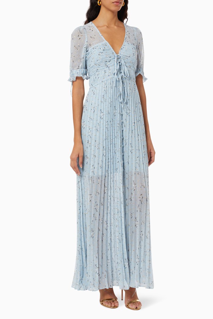 

Tie Detail Maxi Dress in Metallic Floral Viscose, Blue