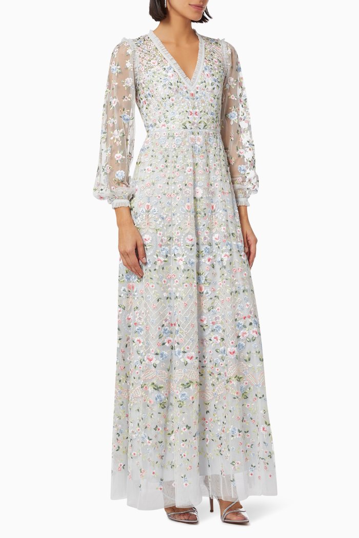 

Floret V Neck Gown in Floral Tulle, Blue