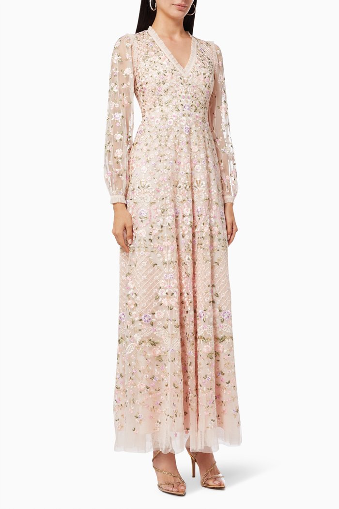 

Floret V Neck Gown in Floral Tulle, Pink