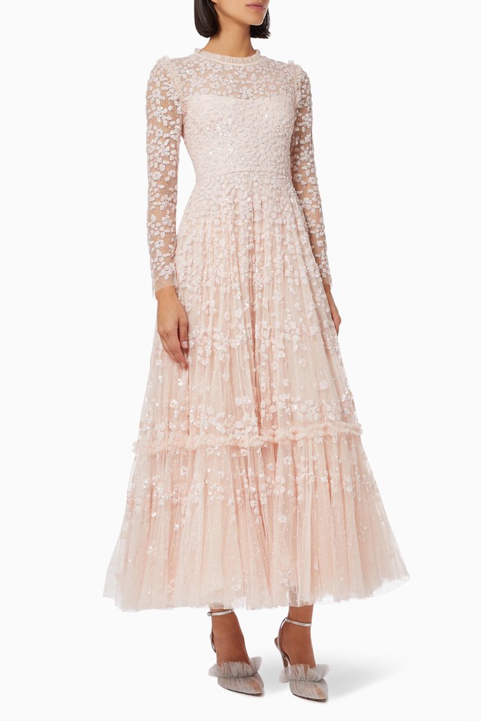 

Margot Ankle Gown in Floral Embroidered Tulle, Pink