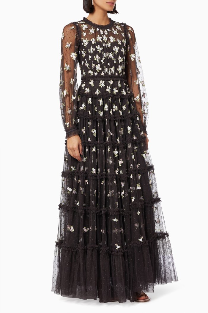 

Serefina Ditsy Tiered Gown in Floral Embroidered Tulle, Black