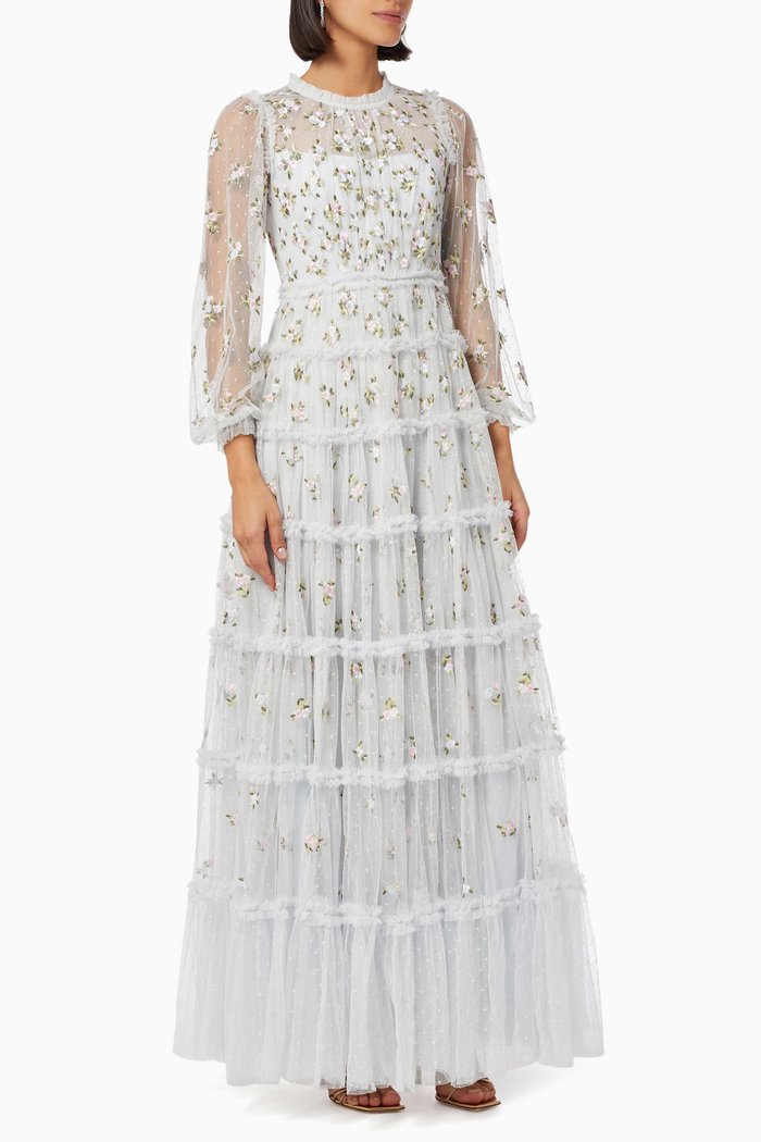 

Serefina Ditsy Tiered Gown in Floral Embroidered Tulle, Blue