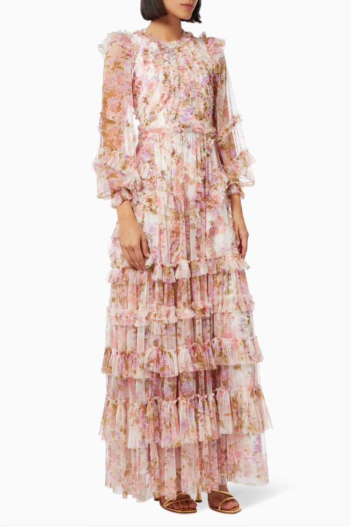 

Darling Meadow Ruffle Gown in Floral Tulle, Pink