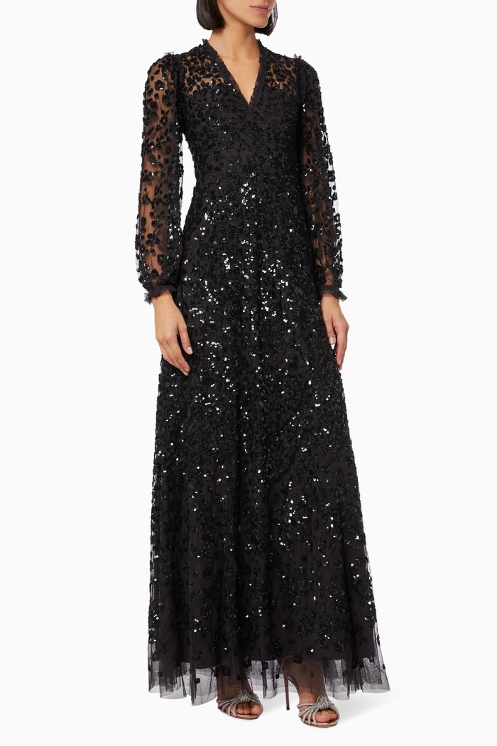 

Seren Long Sleeve Gown in Sequin Tulle, Black