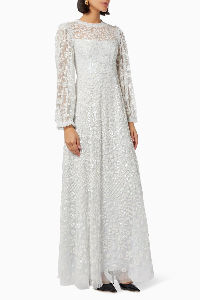 

Seren Long Sleeve Gown in Sequin Tulle, Blue