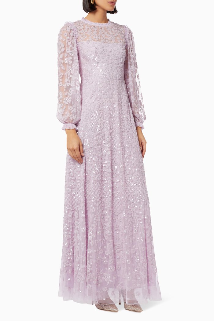 

Seren Long Sleeve Gown in Sequin Tulle, Purple
