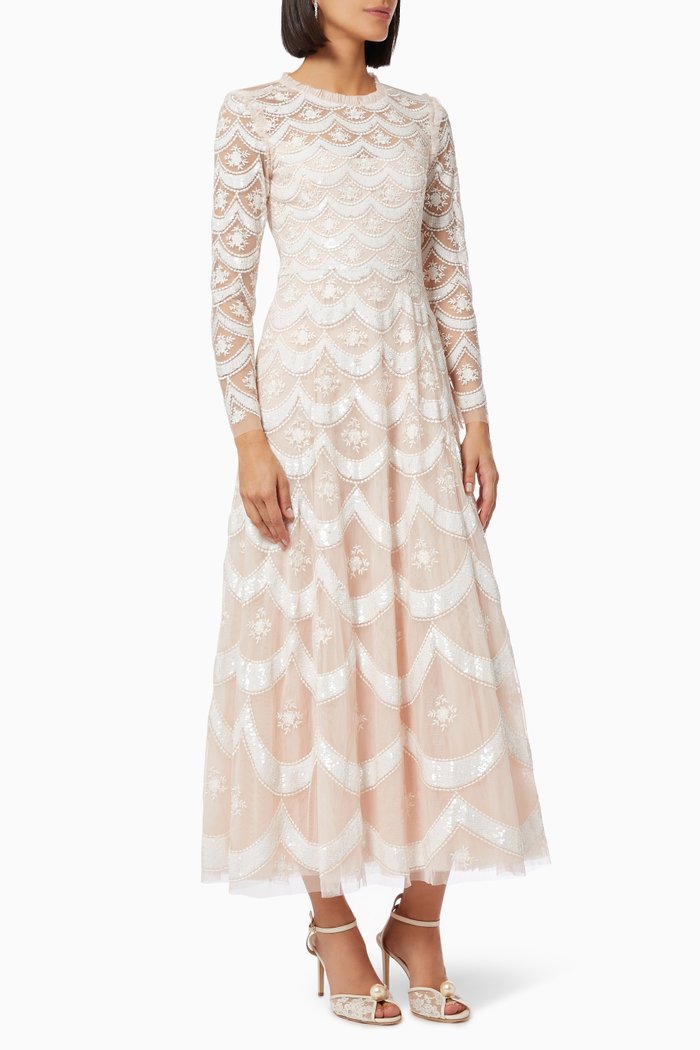 

Fifi Long Sleeve Ankle Gown in Sequin Tulle, Pink
