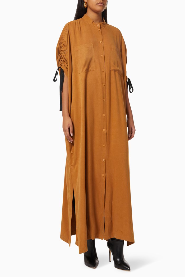 

Drawstring Ruched Shirt Dress, Brown