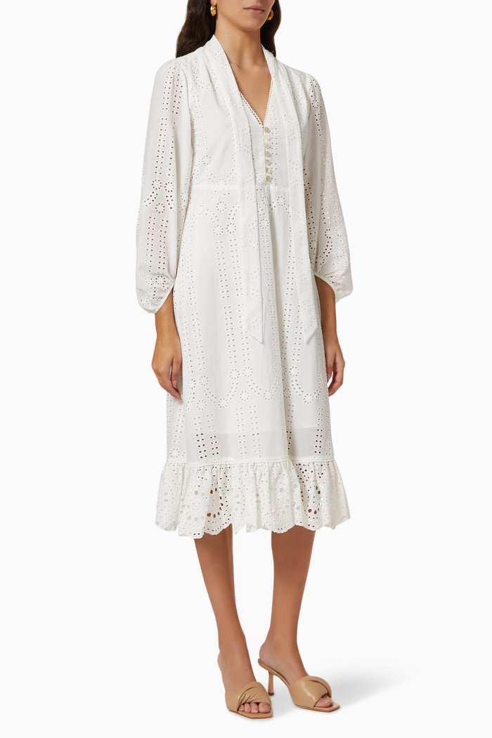 

Anita Midi Dress in Broderie Anglaise Cotton, White