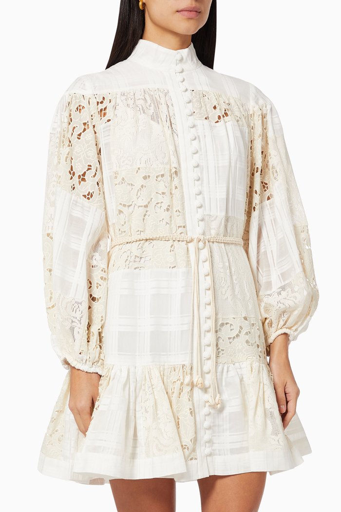 

Andie Mini Dress in Patchwork Lace, White