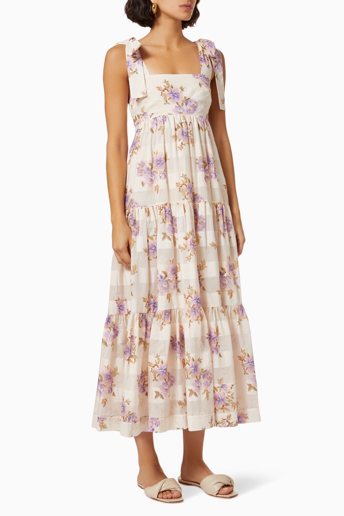 Rosa Striped Picnic Dress in Cotton, Purple