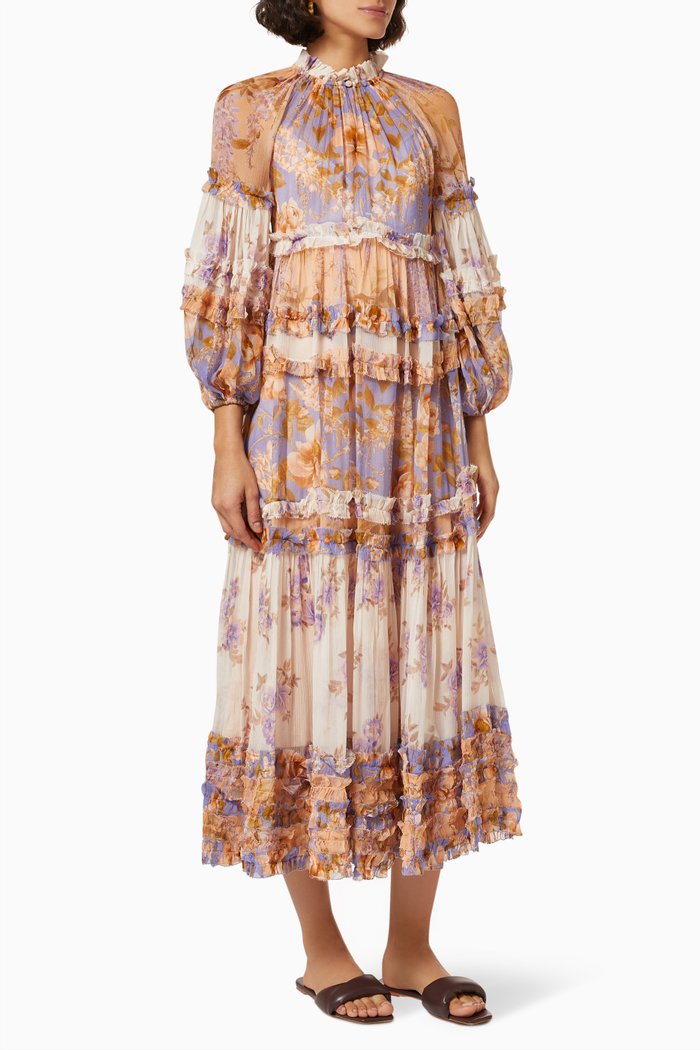 Rosa Frill Midi Dress in Silk, Multicolour