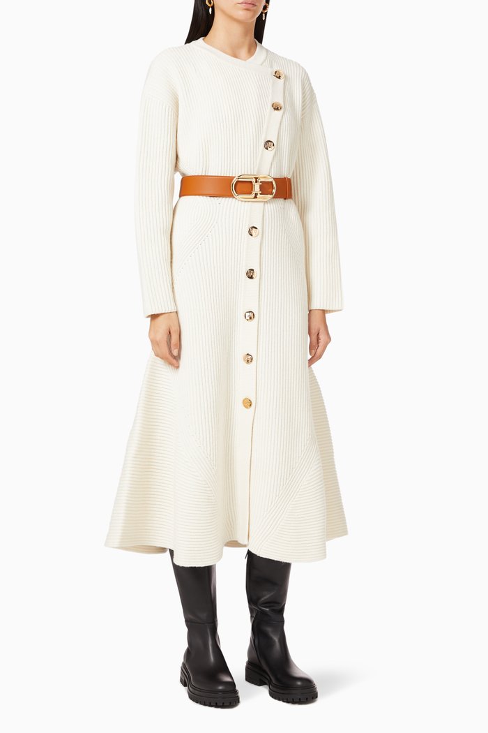

Coat with Belt in Rib Knit, White