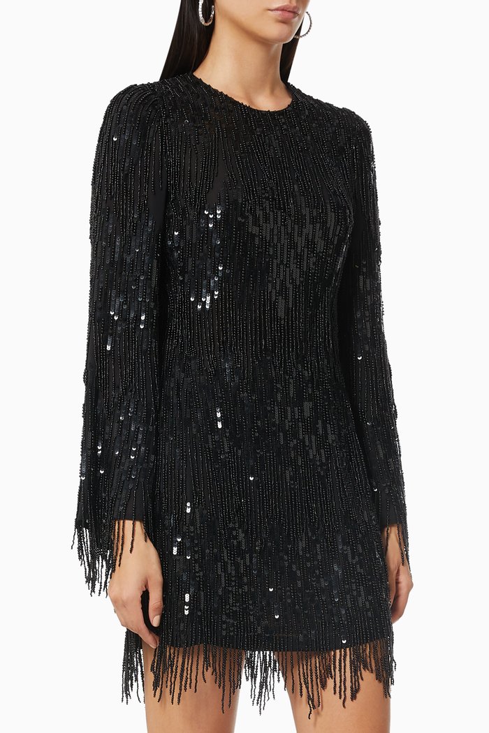 

Mini Dress in Bead & Sequin Fringe Georgette, Black