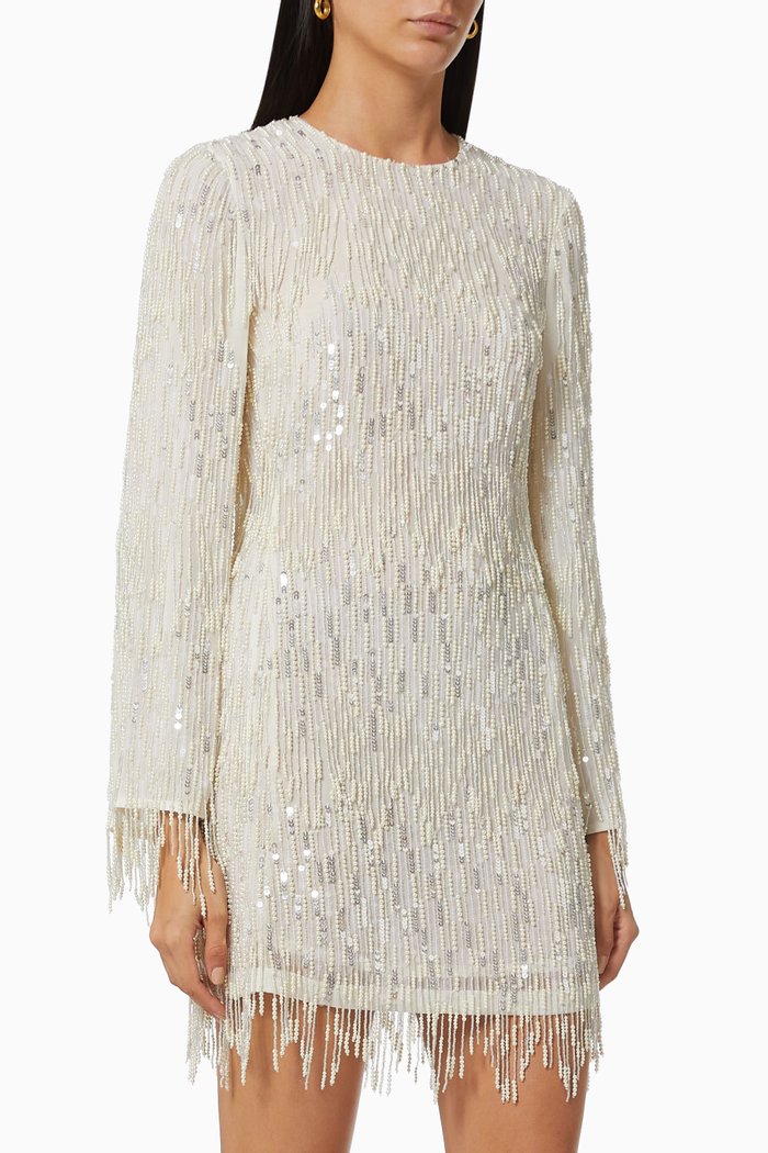 

Mini Dress in Bead & Sequin Fringe Georgette, White