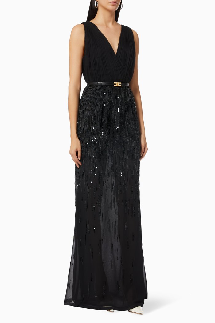 

V-neck Gown in Bead & Sequin Fringe Georgette, Black