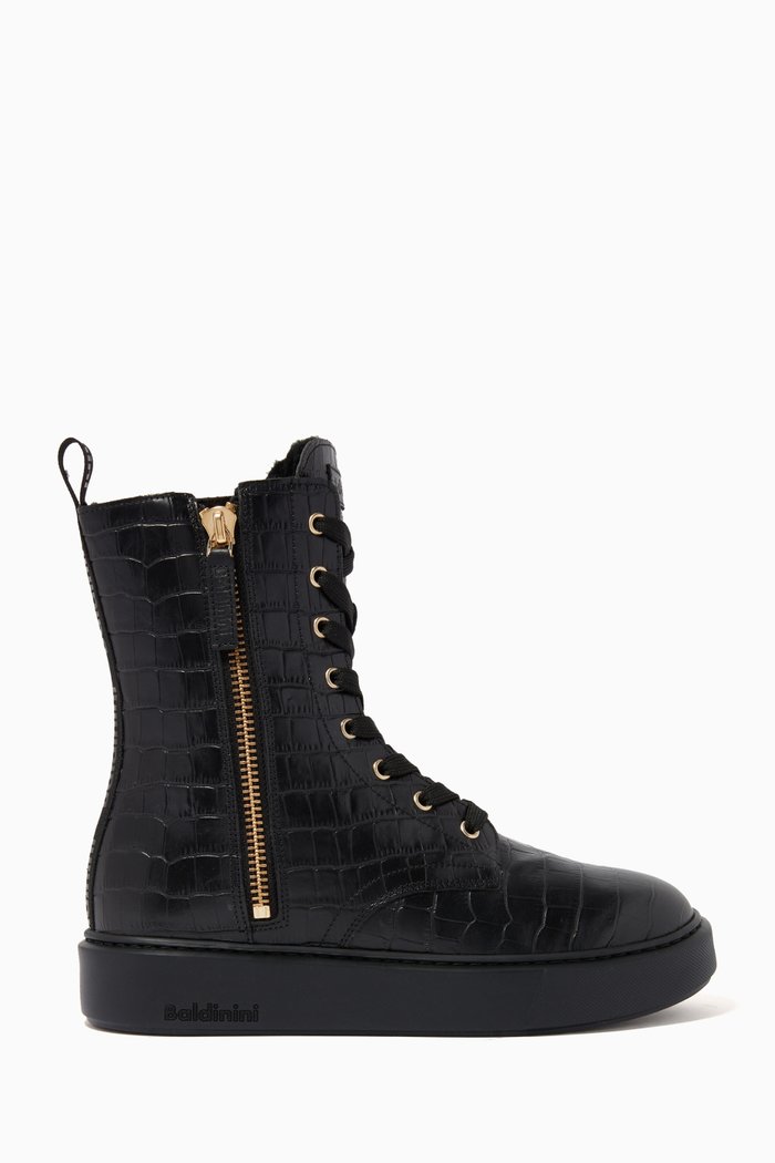 Ankle Boots in Embossed Calfskin, Black