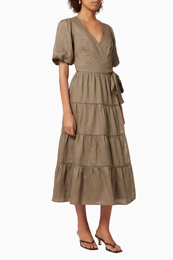 

Madeline Wrap Dress in Linen, Green