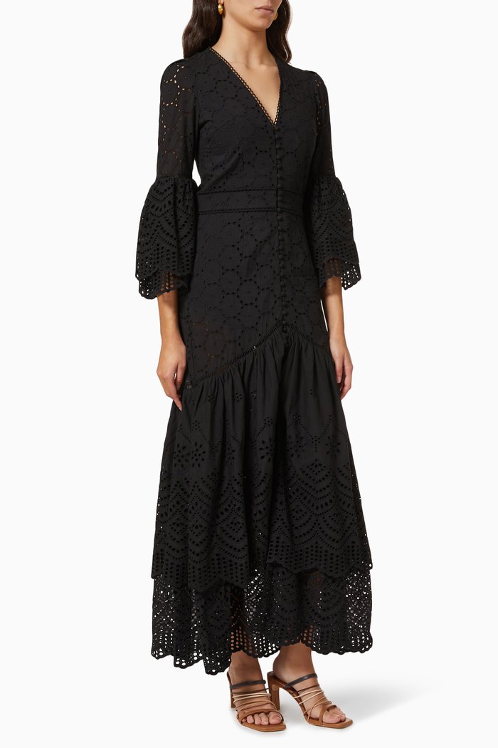 

Lua Maxi Dress in Broderie Anglaise Cotton, Black