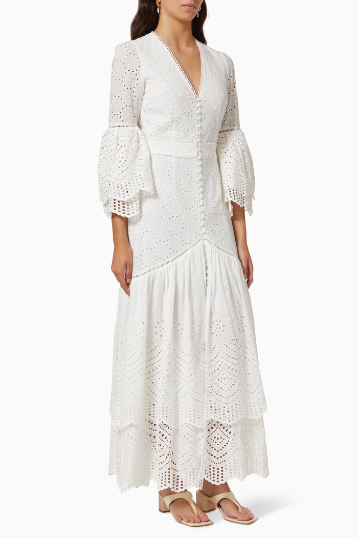 

Lua Maxi Dress in Broderie Anglaise Cotton, White