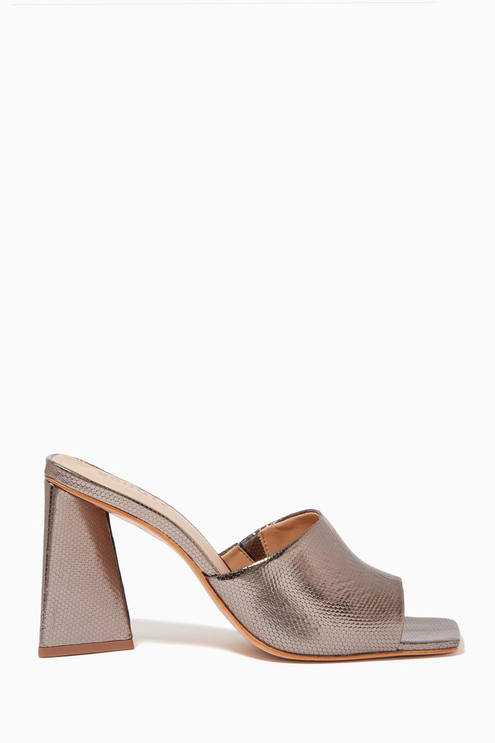 

Lizah 100 Mule Heels in Metallic Leather, Silver