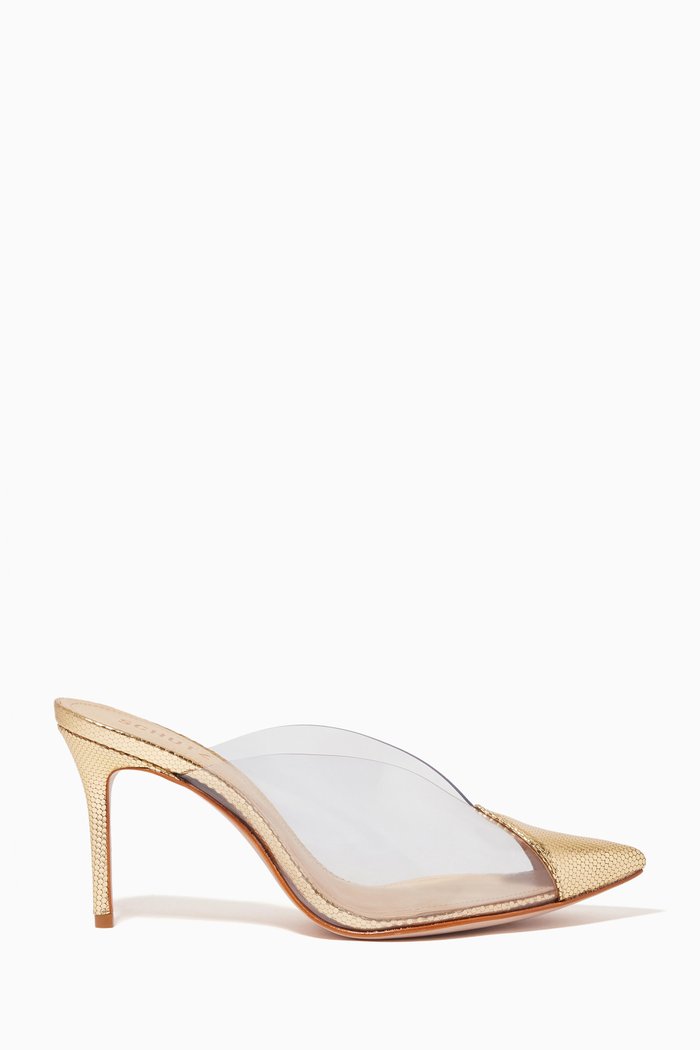 

Eugenia Mule Heel Sandals in Metallic Leather & Vinyl, Gold
