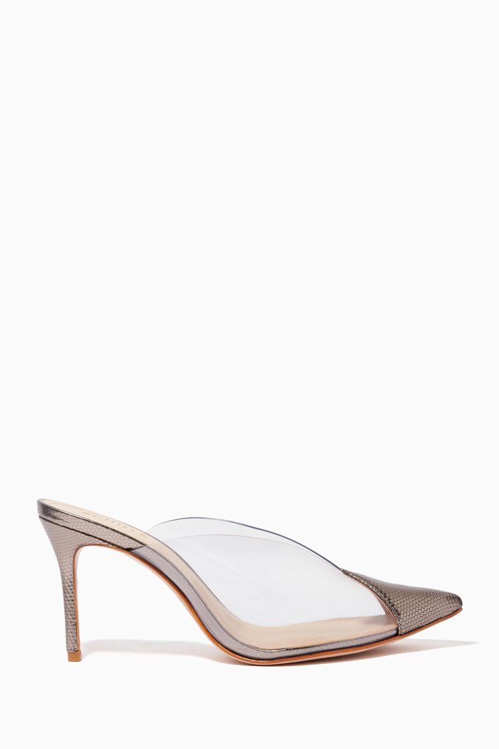 

Eugenia Mule Heel Sandals in Metallic Leather & Vinyl, Silver