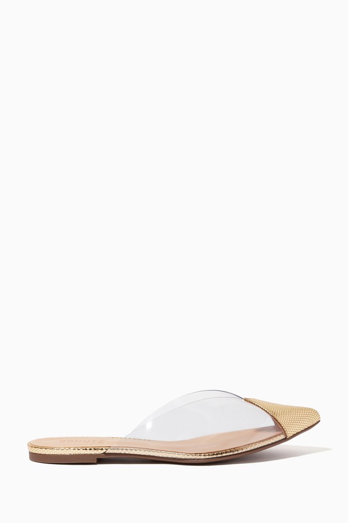 

Briane Flat Sandals in Metallic Leather & Vinyl, Gold