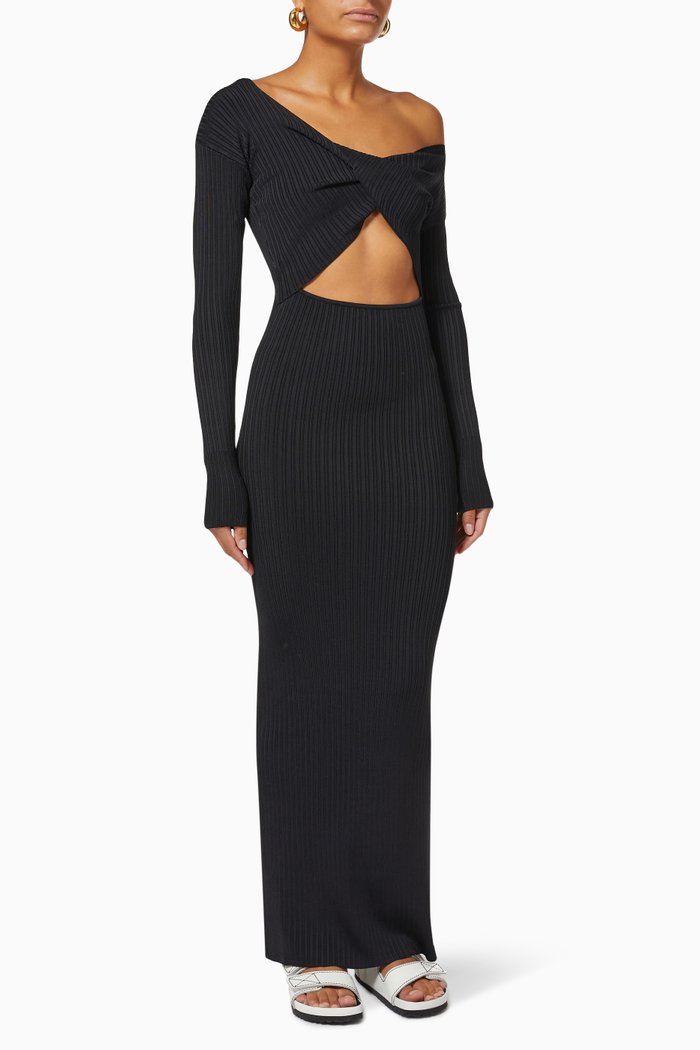 

Kelvin Off Shoulder Dress in Ribbed Knit, Black