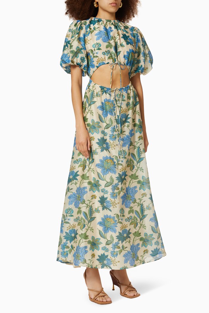 

Celia Puff Sleeve Midi Dress in Cotton & Silk Blend, Blue