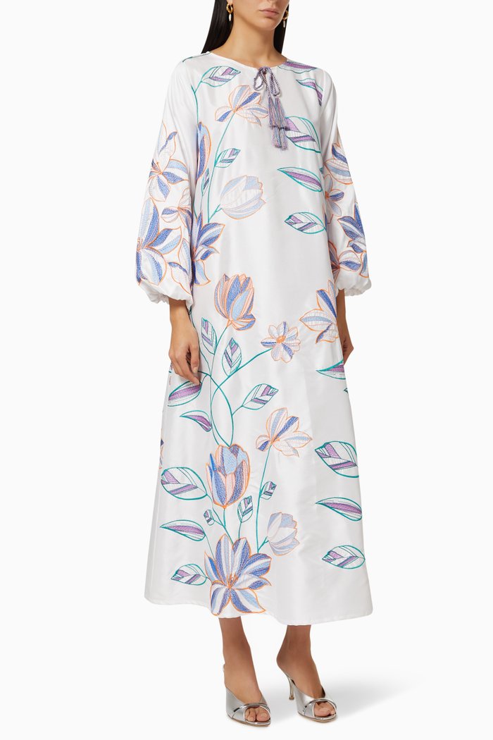 

Floral Embroidered Kaftan in Cotton, White