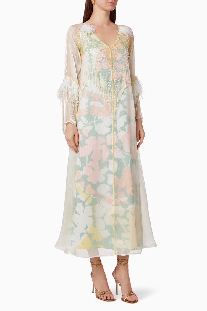 

Feather Trim Kaftan in Organza & Satin, Yellow