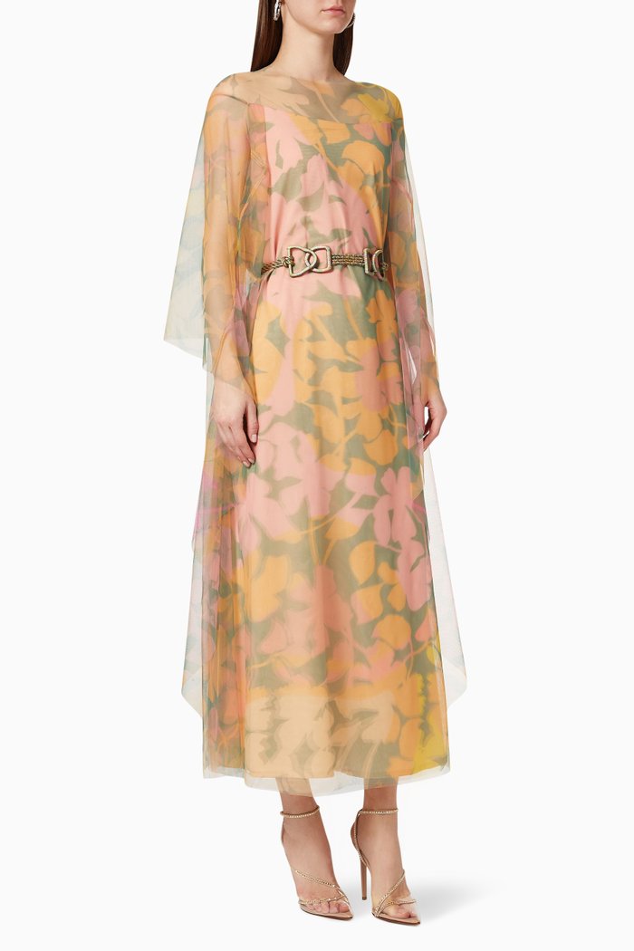 Printed Cape Kaftan in Tulle, Orange