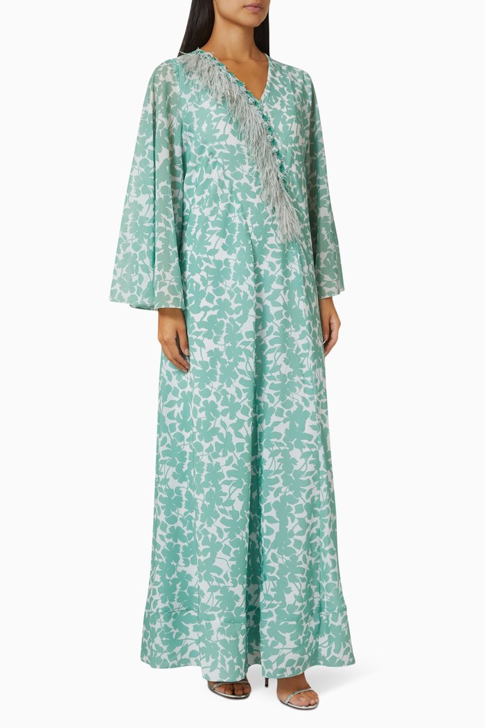 

Beaded Feather Fringe Kaftan in Silk Crepe, Green