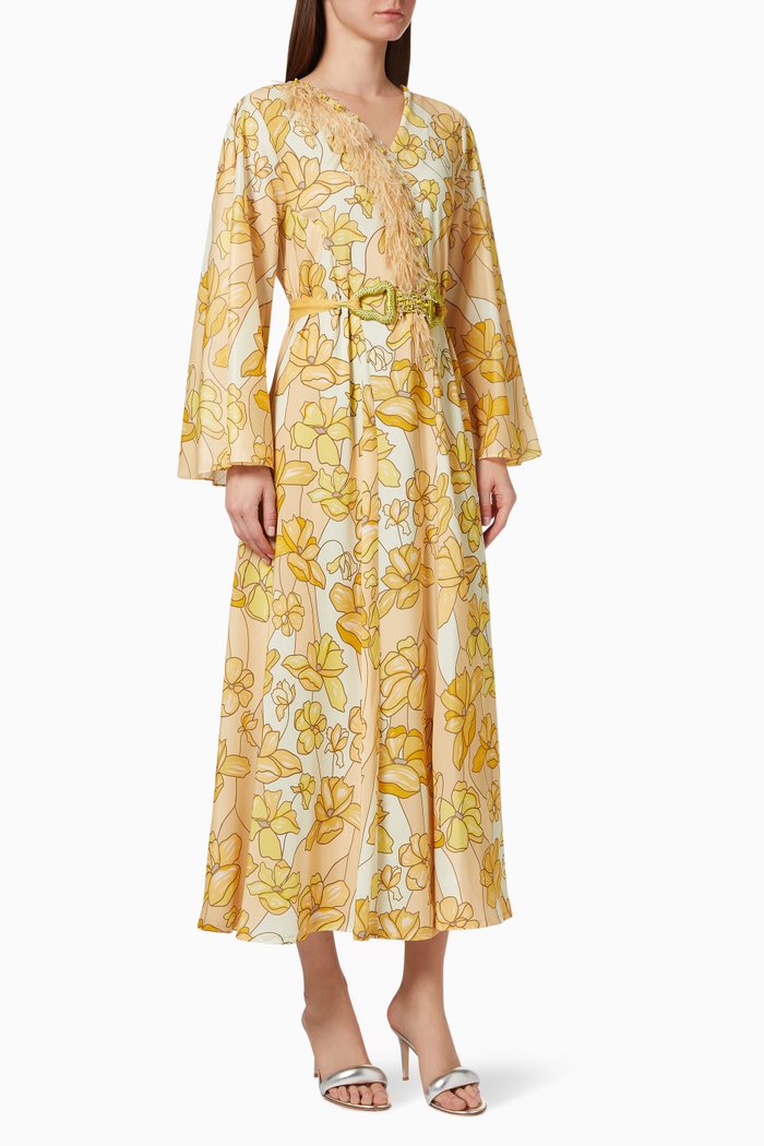 

Beaded Feather Fringe Kaftan in Silk Crepe, Yellow