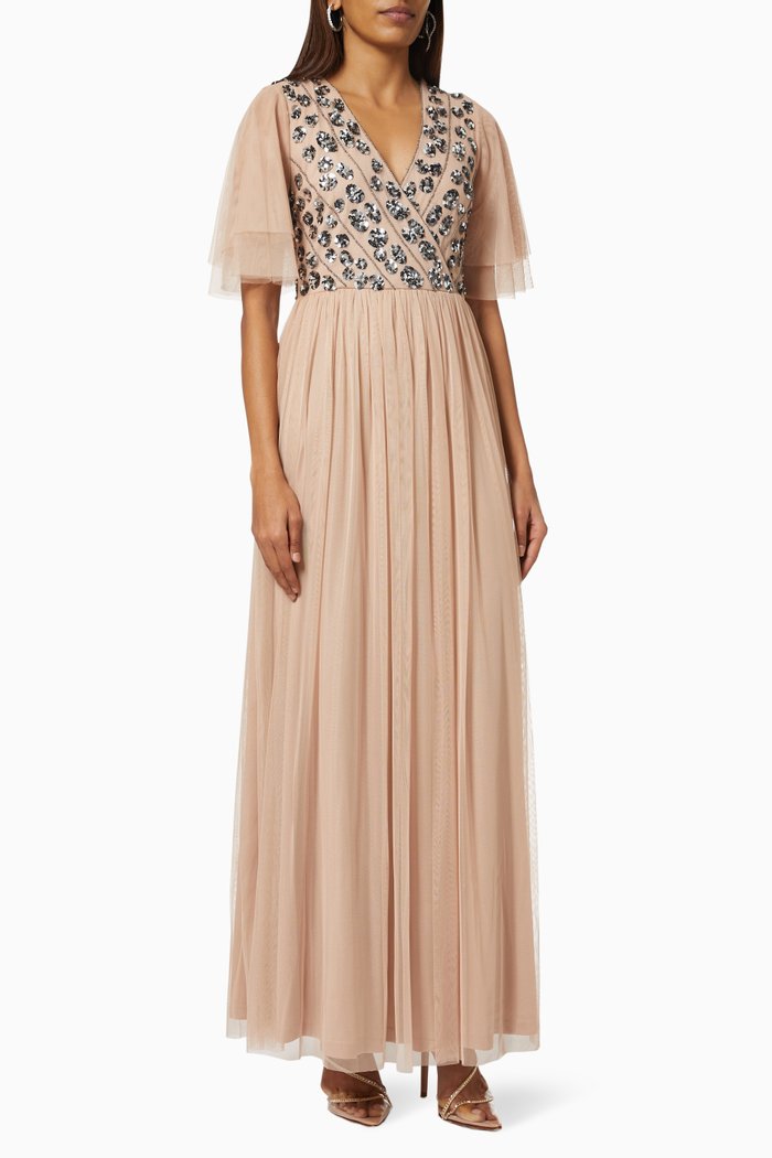 

Azha Embellished Maxi Dress in Tulle, Pink