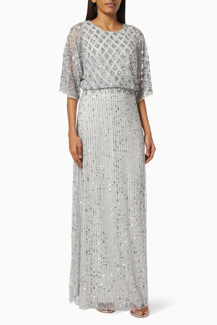 

Cosmic Embellished Maxi Dress in Sequinned Mesh, Grey