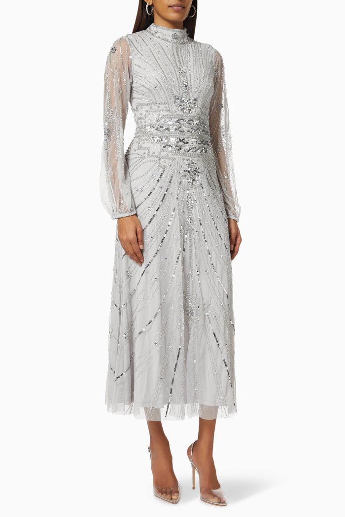 

Electra Embellished Dress in Sequinned Mesh, Grey