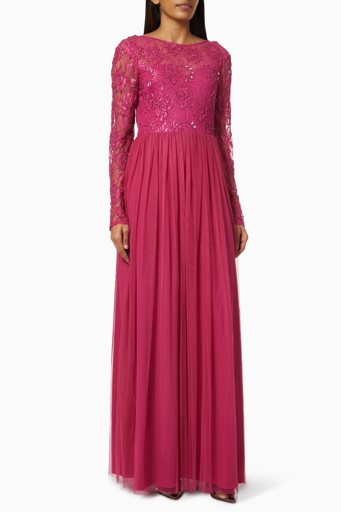 

Helene Embellished Maxi Dress in Lace & Tulle, Pink