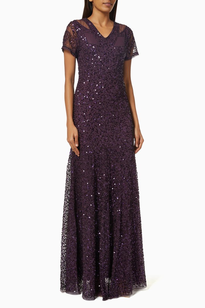 Hesper Embellished Maxi Dress in Sequinned Mesh, Purple