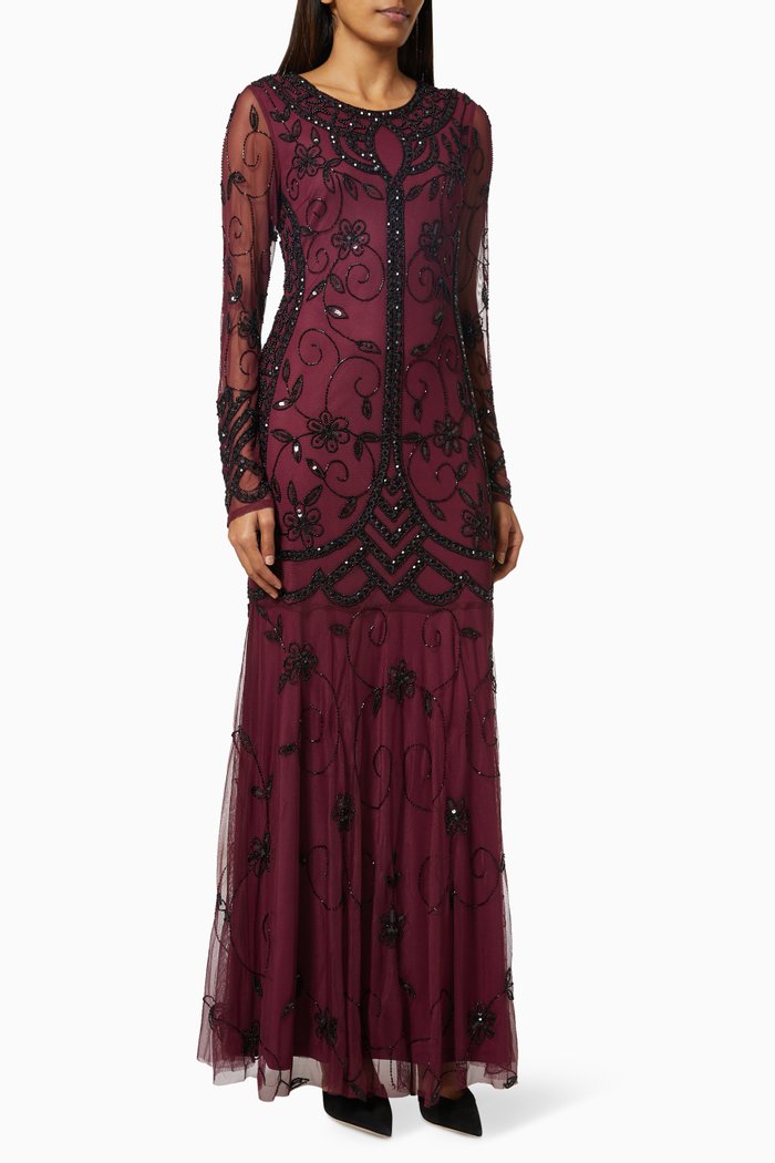 

Hinata Embellished Maxi Dress in Sequinned Mesh, Red