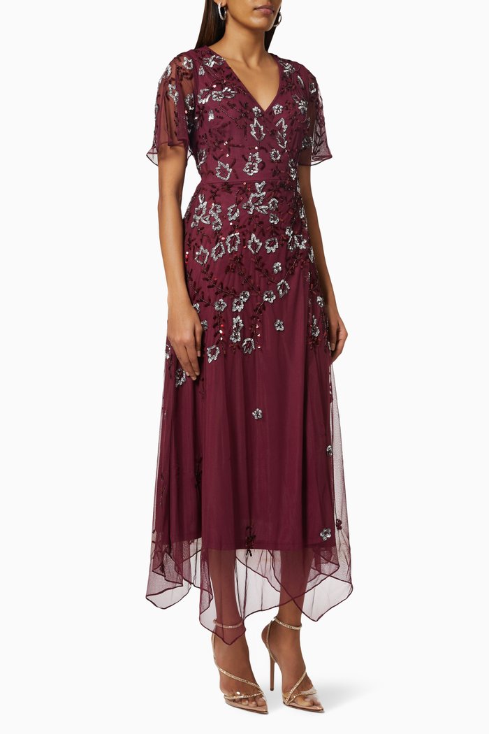 

Hashi Embellished Hanky Hem Midi Dress in Tulle, Red