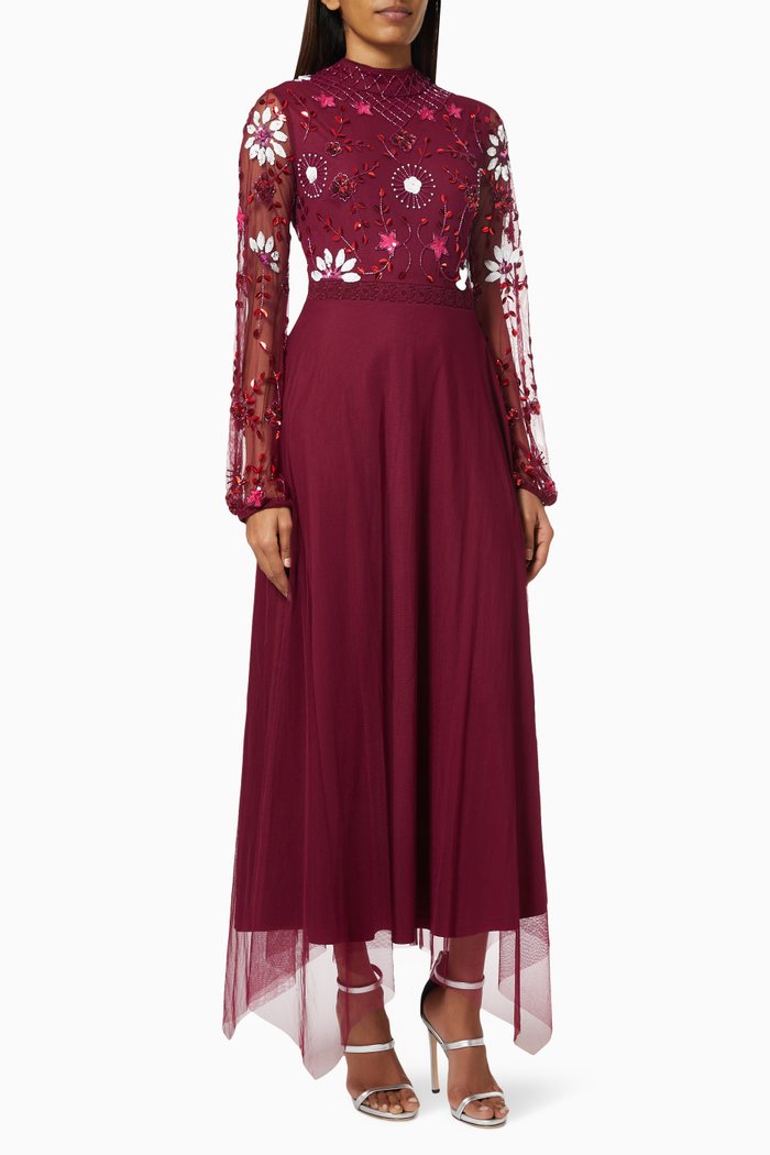 

Halia Embellished Midi Dress in Mesh, Burgundy