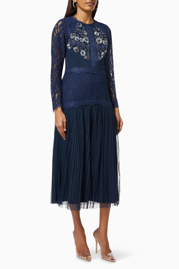 Milena Embellished Midi Dress in Lace & Mesh, Blue