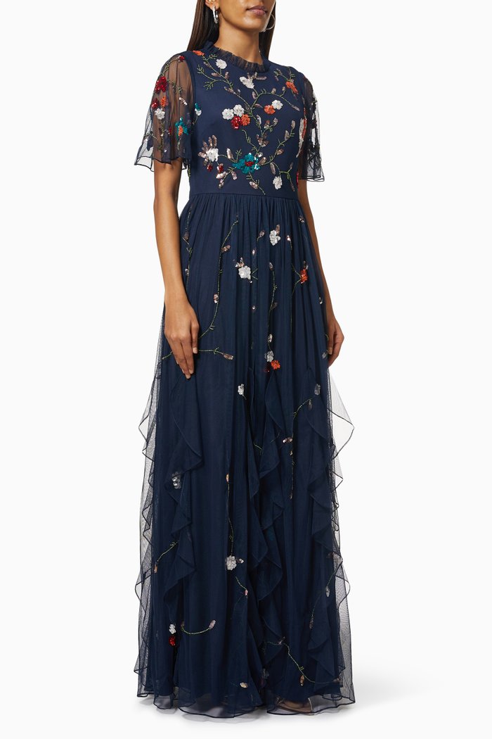 

Mina Embellished Maxi Dress in Mesh, Blue