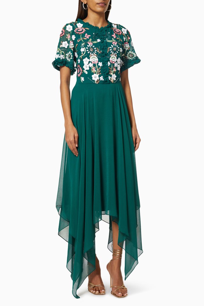 

Siran Embellished Hanky Hem Dress in Chiffon, Green