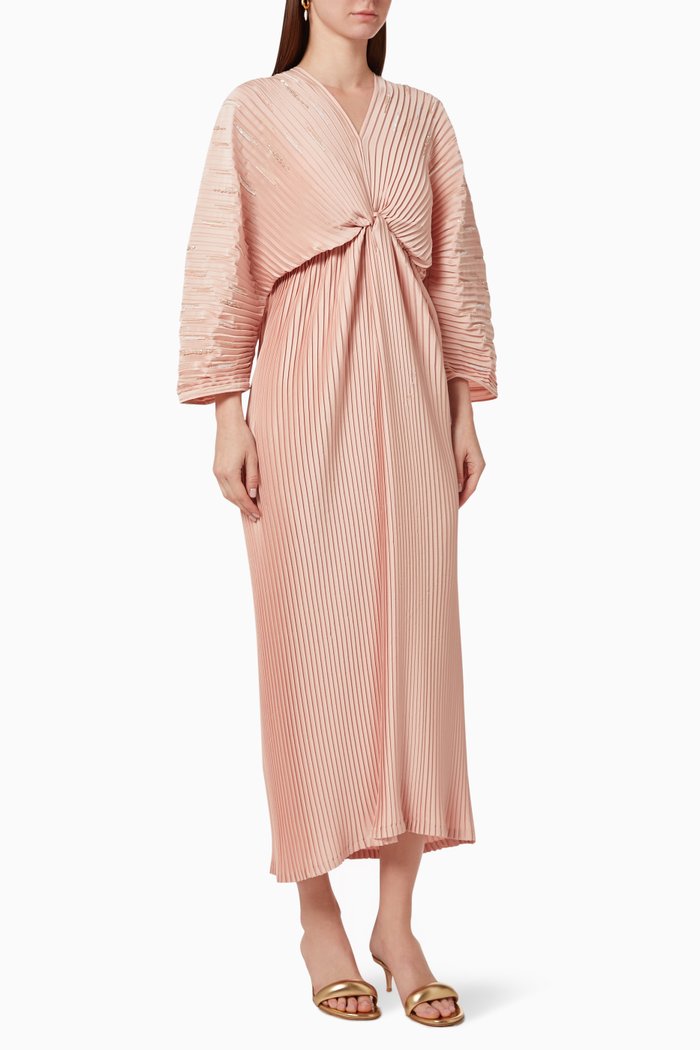 

Pleated Knot Dress in Crepe, Pink