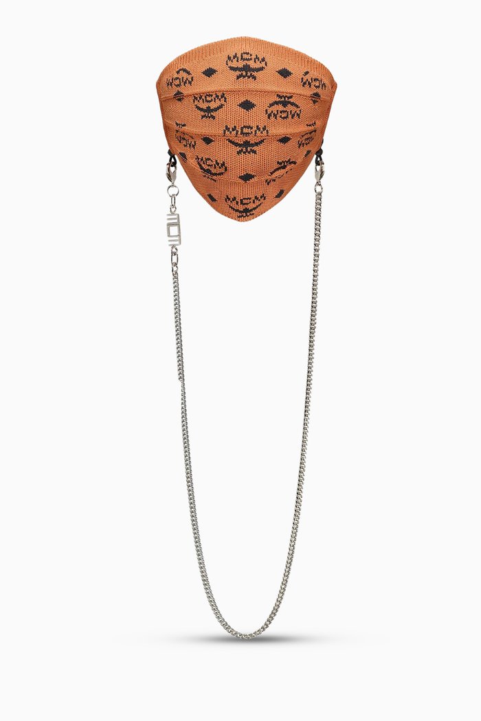 

Monogram Face Mask with Chain in Knit, Brown
