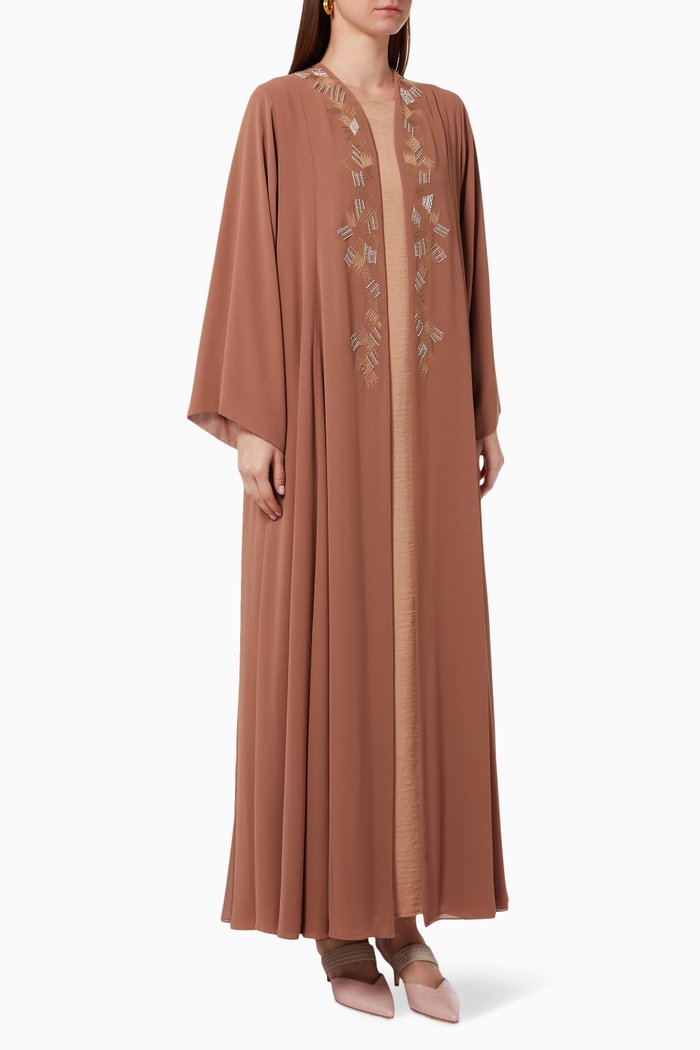 

Embroidered Abaya Set in Chiffon & Satin, Brown