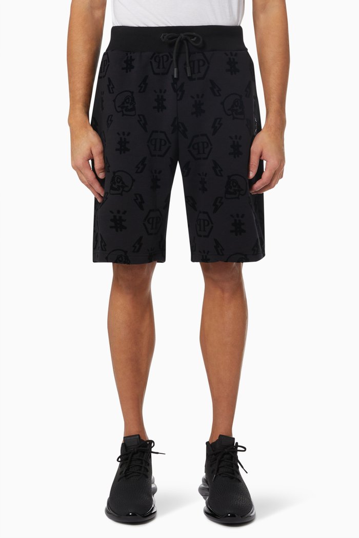 

Flock Monogram Jogging Shorts in Cotton Fleece, Black